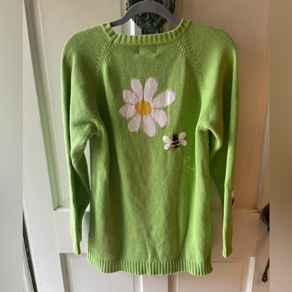 Quacker Factory Green Sweater with Floral and Bee Design Cotton Ramie Sz M - Picture 4 of 8